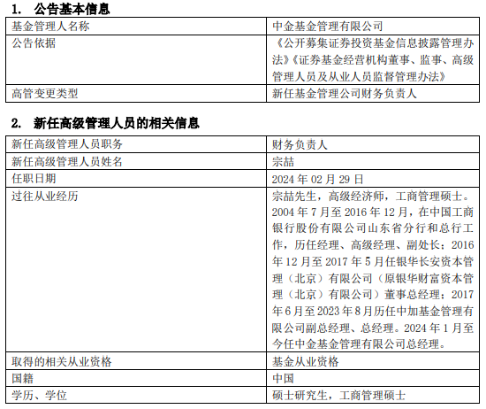 中金基金bd半岛体育高管改造：总司理宗喆兼任财政认真人-基金频道-和讯网(图1)